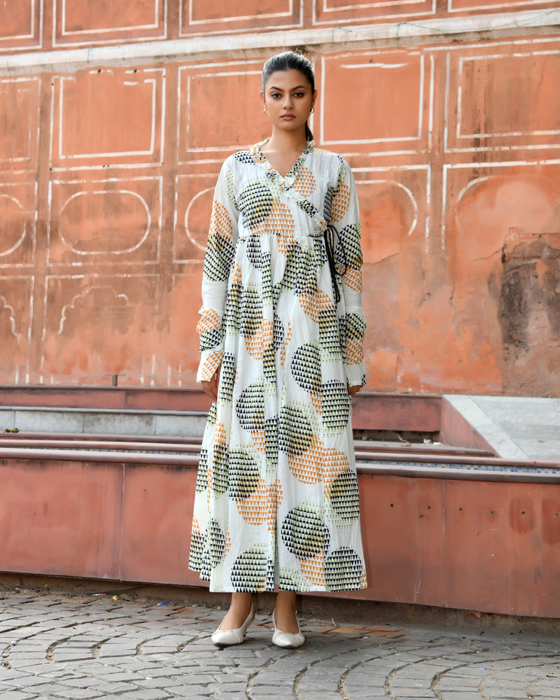 Multicolor Cotton Printed Wrap Calf-Length Dress
