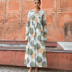 Multicolor Cotton Printed Wrap Calf-Length Dress