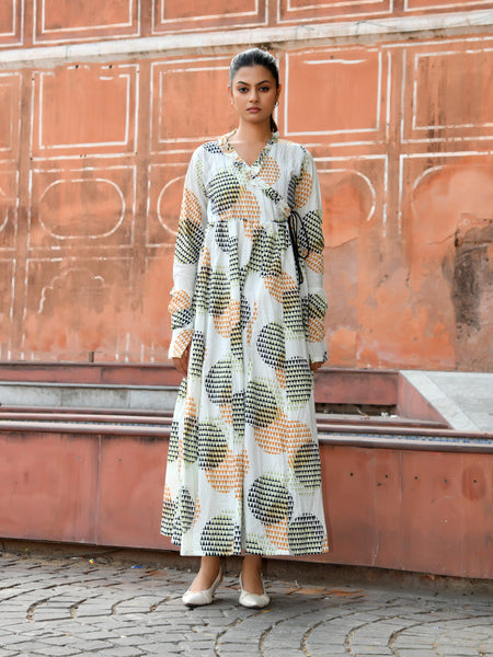 Multicolor Cotton Printed Wrap Calf-Length Dress