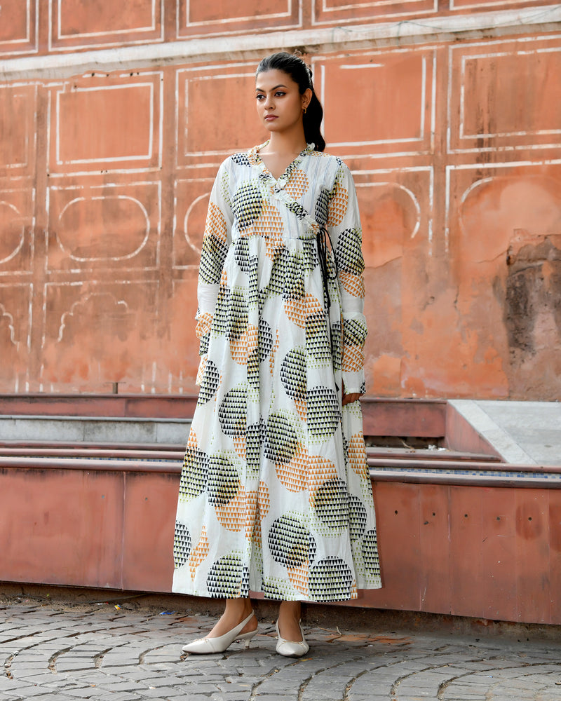 Multicolor Cotton Printed Wrap Calf-Length Dress
