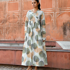 Multicolor Cotton Printed Wrap Calf-Length Dress