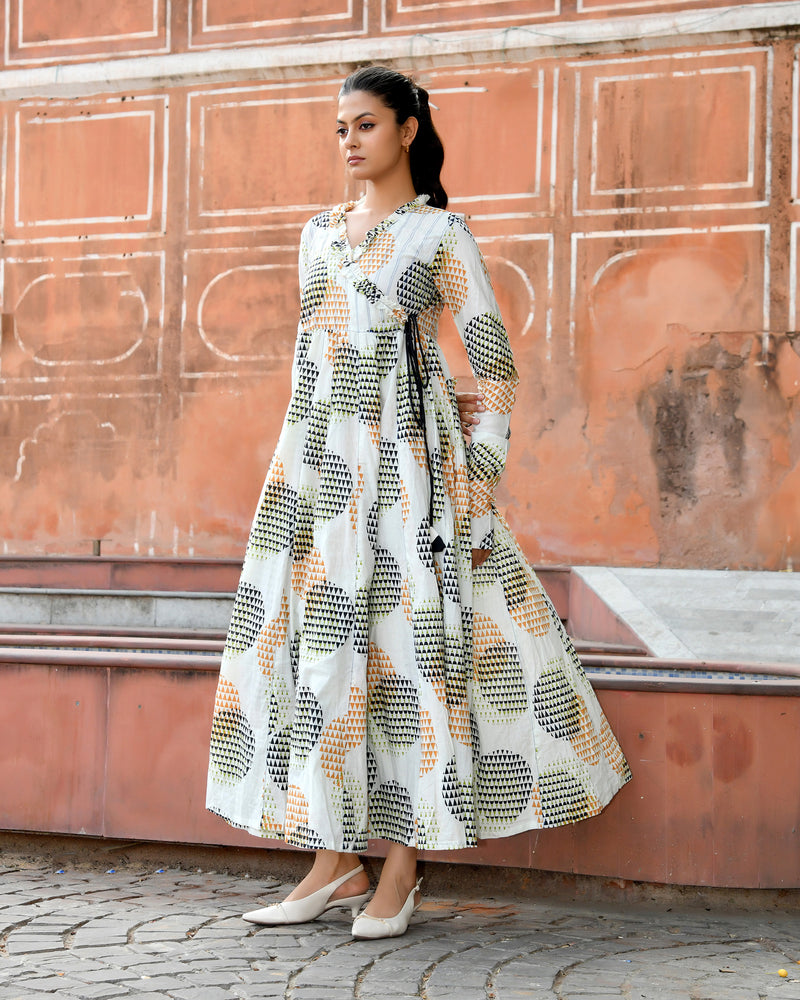 Multicolor Cotton Printed Wrap Calf-Length Dress