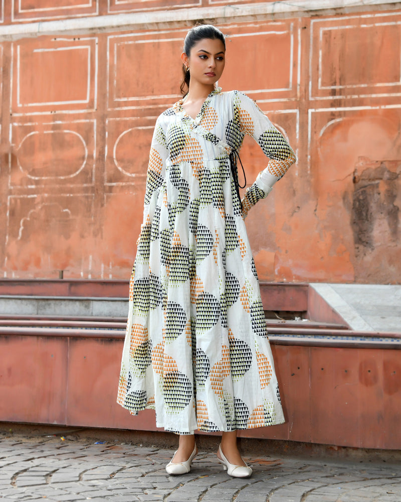 Multicolor Cotton Printed Wrap Calf-Length Dress