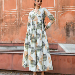 Multicolor Cotton Printed Wrap Calf-Length Dress