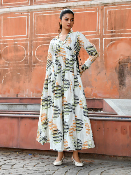 Multicolor Cotton Printed Wrap Calf-Length Dress