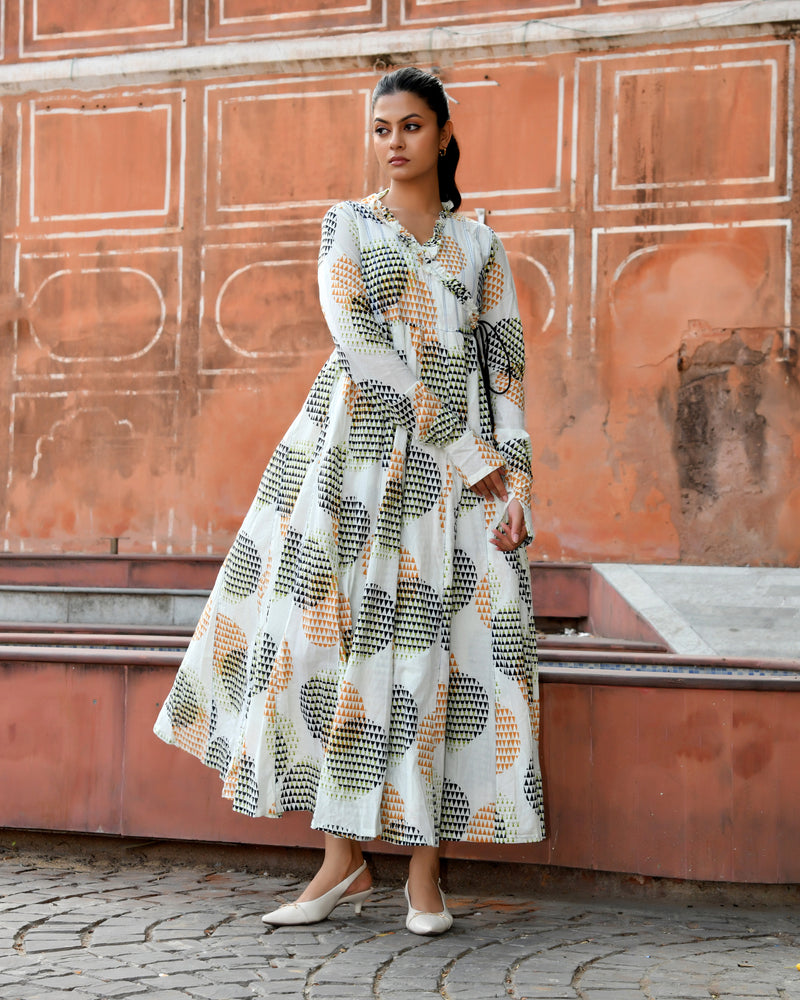 Multicolor Cotton Printed Wrap Calf-Length Dress