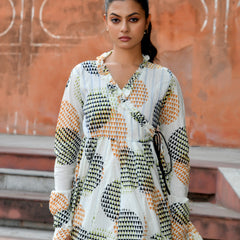 Multicolor Cotton Printed Wrap Calf-Length Dress