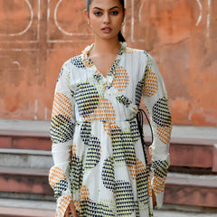 Multicolor Cotton Printed Wrap Calf-Length Dress