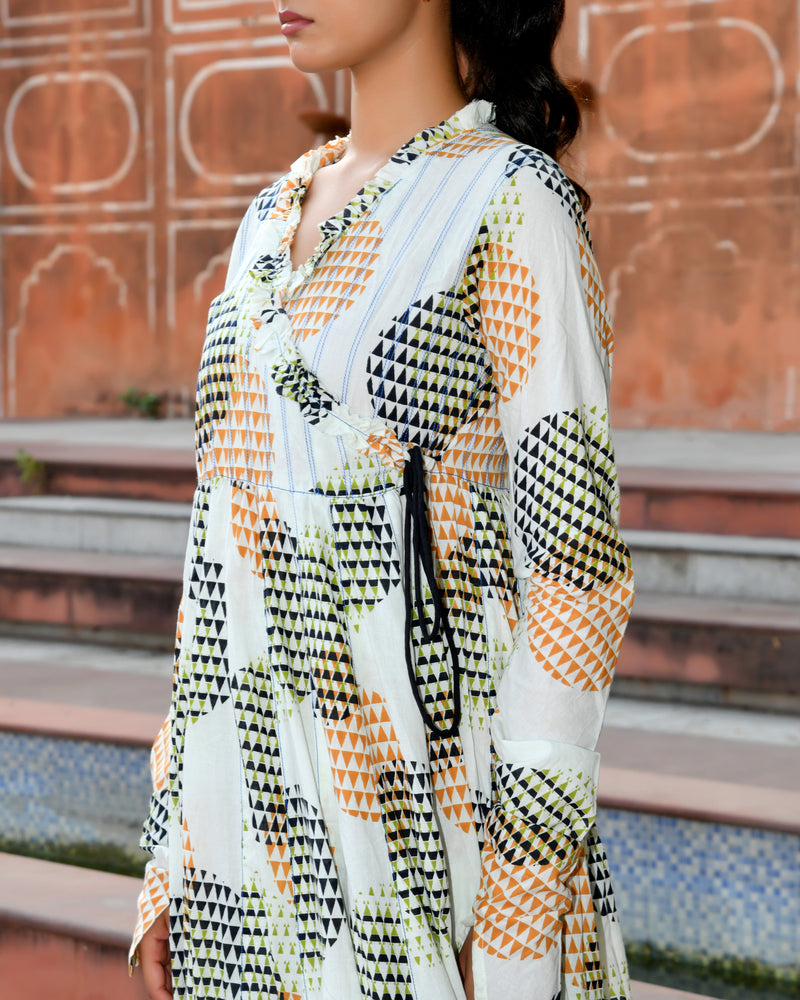 Multicolor Cotton Printed Wrap Calf-Length Dress