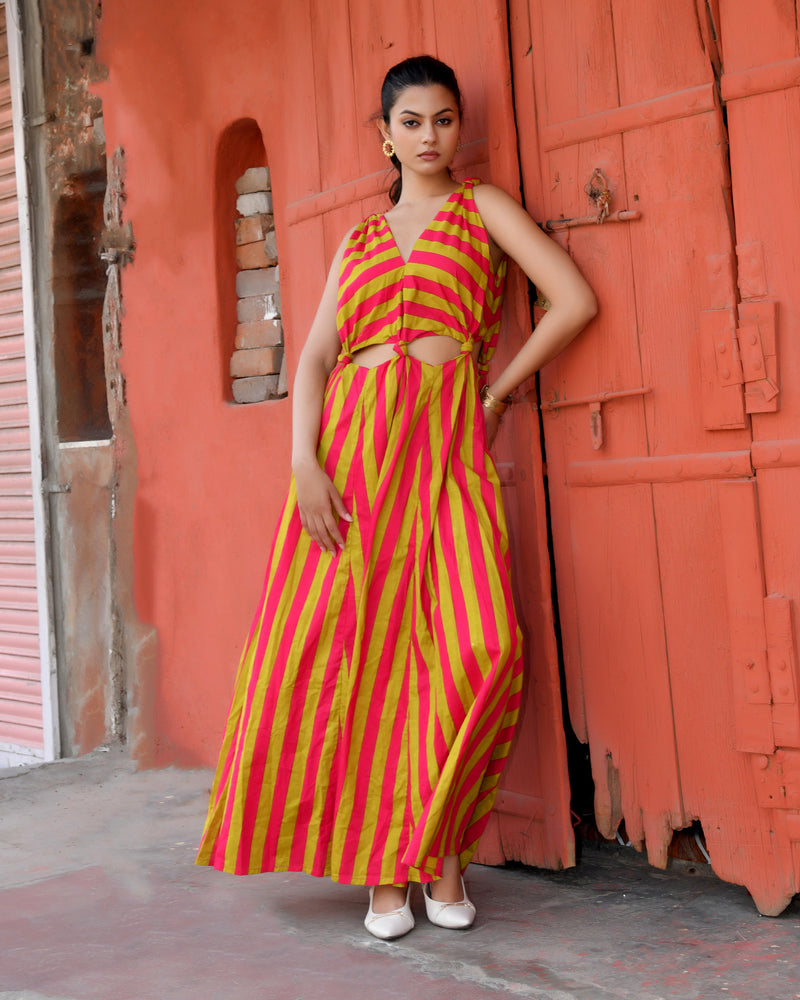 Pink & Lime Green Striped Cotton Maxi Dress