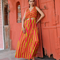 Pink & Lime Green Striped Cotton Maxi Dress