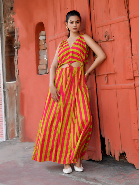 Pink & Lime Green Striped Cotton Maxi Dress
