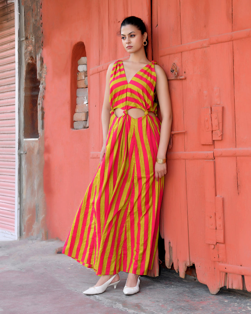 Pink & Lime Green Striped Cotton Maxi Dress