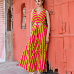 Pink & Lime Green Striped Cotton Maxi Dress
