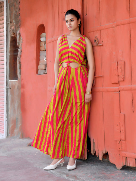 Pink & Lime Green Striped Cotton Maxi Dress