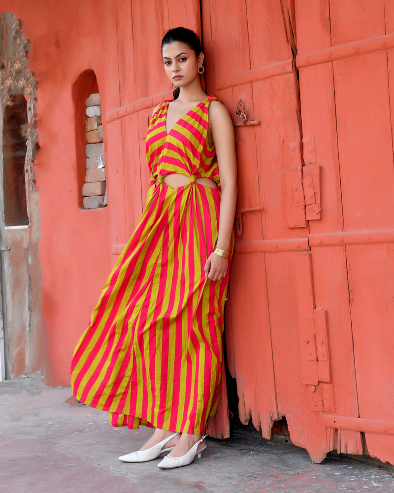 Pink & Lime Green Striped Cotton Maxi Dress