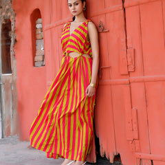 Pink & Lime Green Striped Cotton Maxi Dress