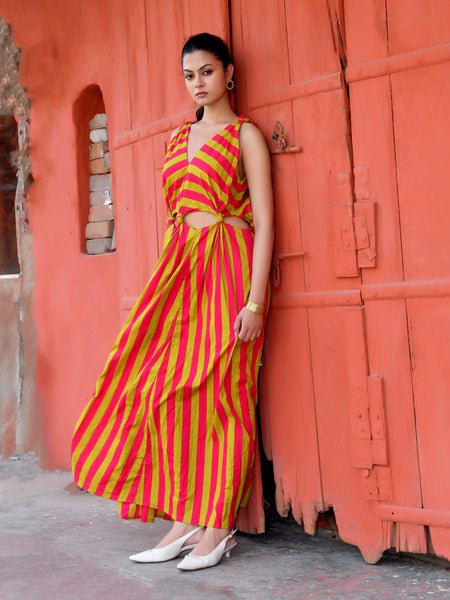 Pink & Lime Green Striped Cotton Maxi Dress