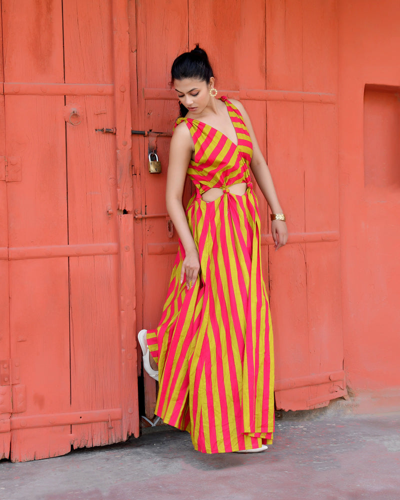 Pink & Lime Green Striped Cotton Maxi Dress