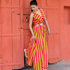 Pink & Lime Green Striped Cotton Maxi Dress