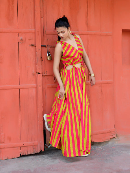 Pink & Lime Green Striped Cotton Maxi Dress