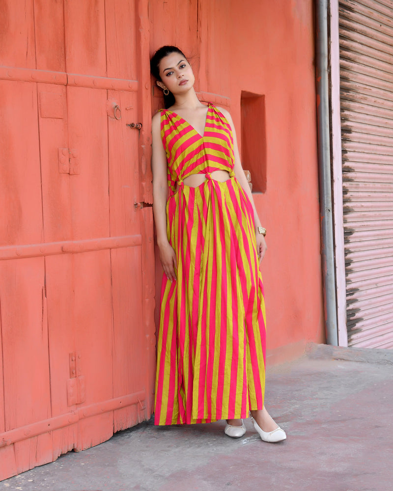 Pink & Lime Green Striped Cotton Maxi Dress