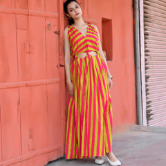 Pink & Lime Green Striped Cotton Maxi Dress