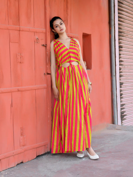 Pink & Lime Green Striped Cotton Maxi Dress