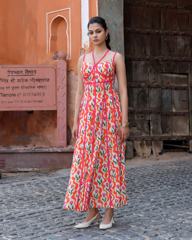 Multicolor Floral Cotton Sweetheart Midi Dress