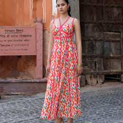 Multicolor Floral Cotton Sweetheart Midi Dress