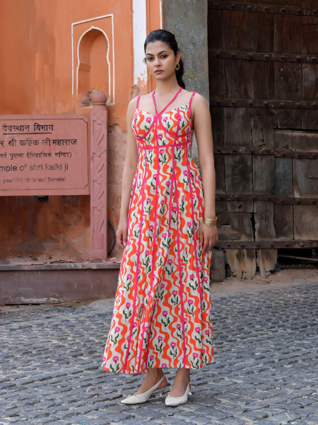 Multicolor Floral Cotton Sweetheart Midi Dress
