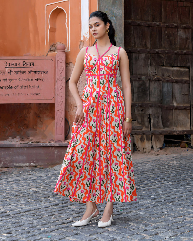 Multicolor Floral Cotton Sweetheart Midi Dress