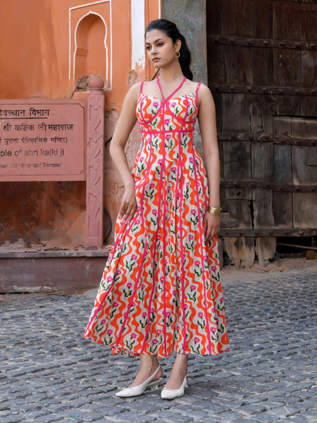 Multicolor Floral Cotton Sweetheart Midi Dress