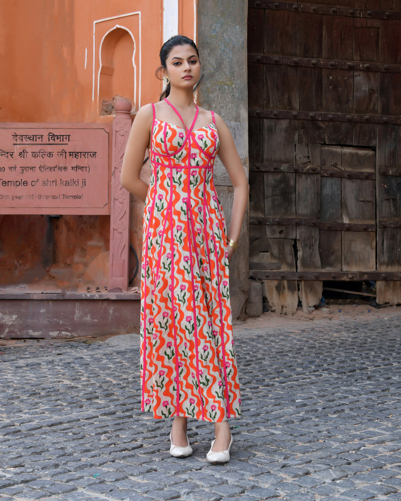 Multicolor Floral Cotton Sweetheart Midi Dress