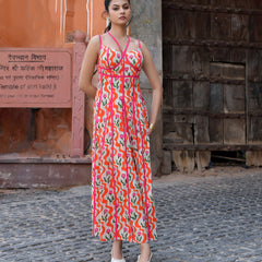 Multicolor Floral Cotton Sweetheart Midi Dress