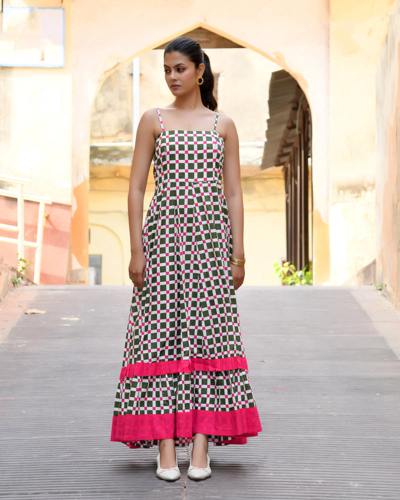Multicolor Cotton Box Print Panelled Midi Dress