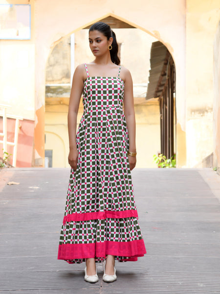 Multicolor Cotton Box Print Panelled Midi Dress