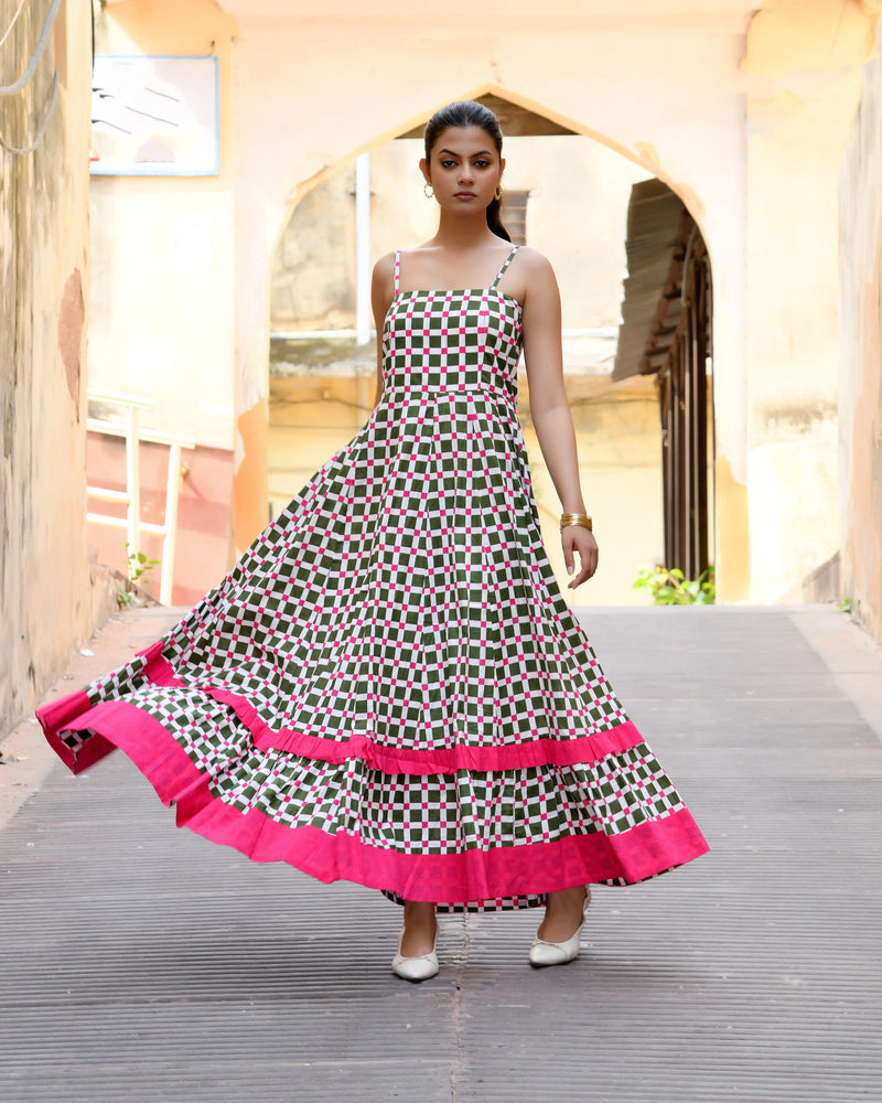 Multicolor Cotton Box Print Panelled Midi Dress