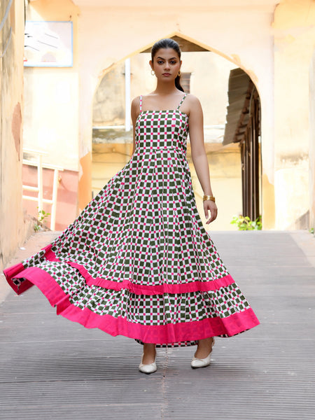 Multicolor Cotton Box Print Panelled Midi Dress