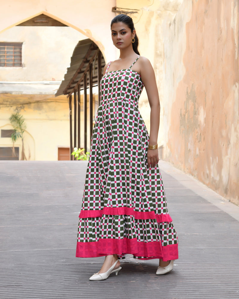 Multicolor Cotton Box Print Panelled Midi Dress