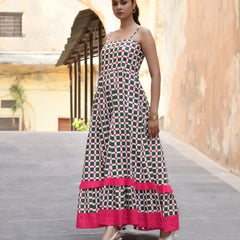 Multicolor Cotton Box Print Panelled Midi Dress
