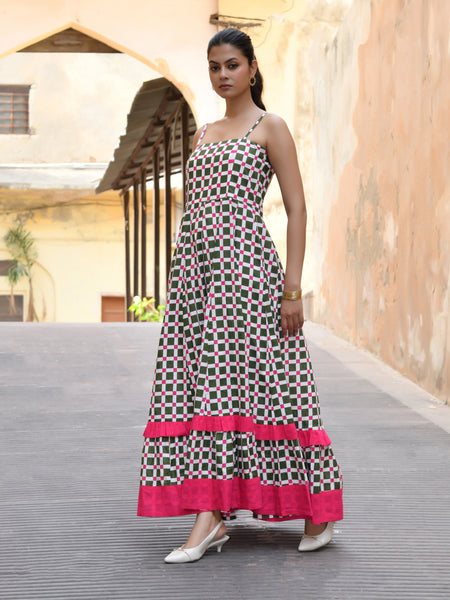 Multicolor Cotton Box Print Panelled Midi Dress