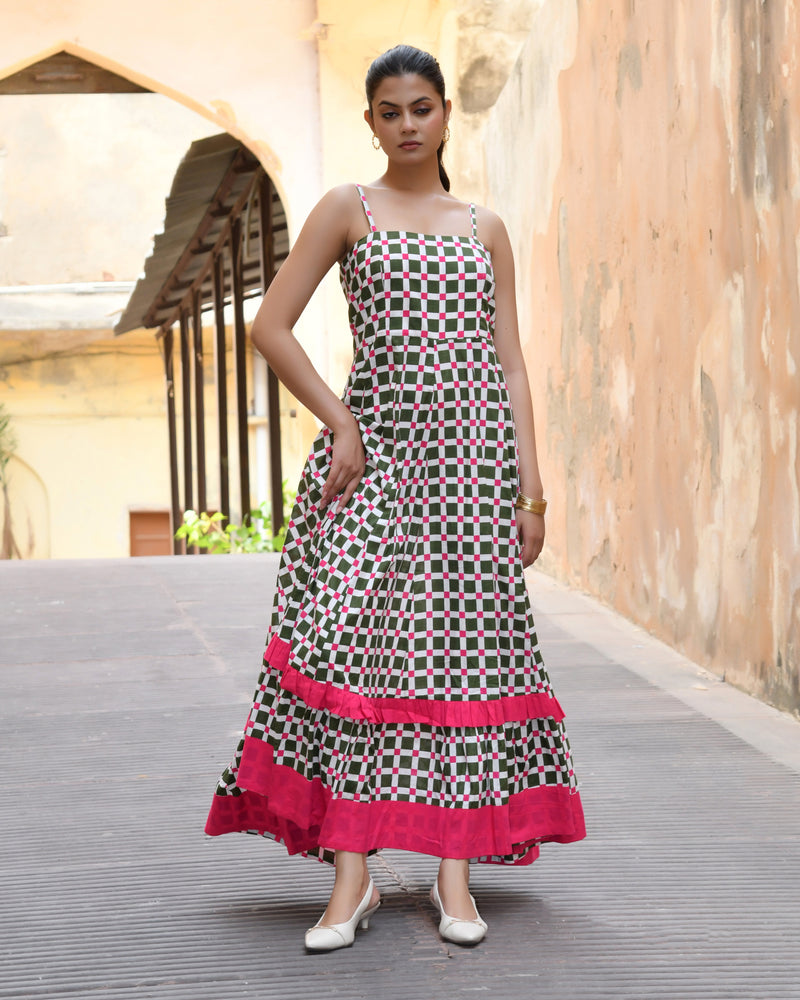 Multicolor Cotton Box Print Panelled Midi Dress