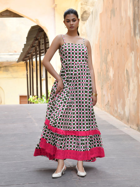 Multicolor Cotton Box Print Panelled Midi Dress