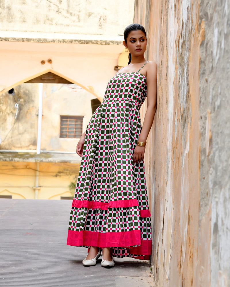 Multicolor Cotton Box Print Panelled Midi Dress