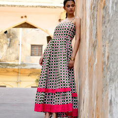 Multicolor Cotton Box Print Panelled Midi Dress