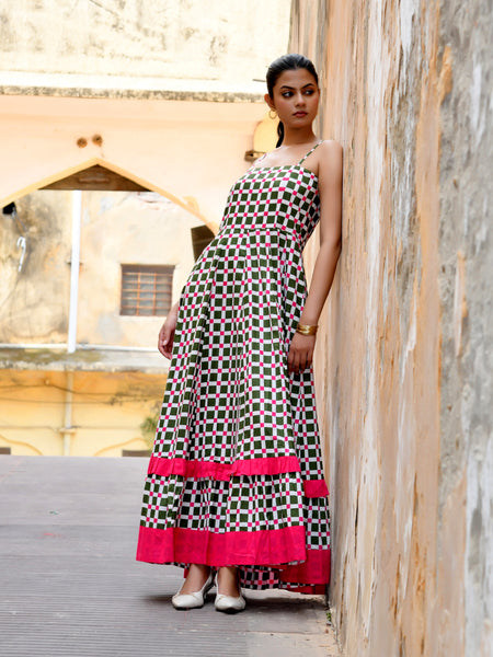 Multicolor Cotton Box Print Panelled Midi Dress