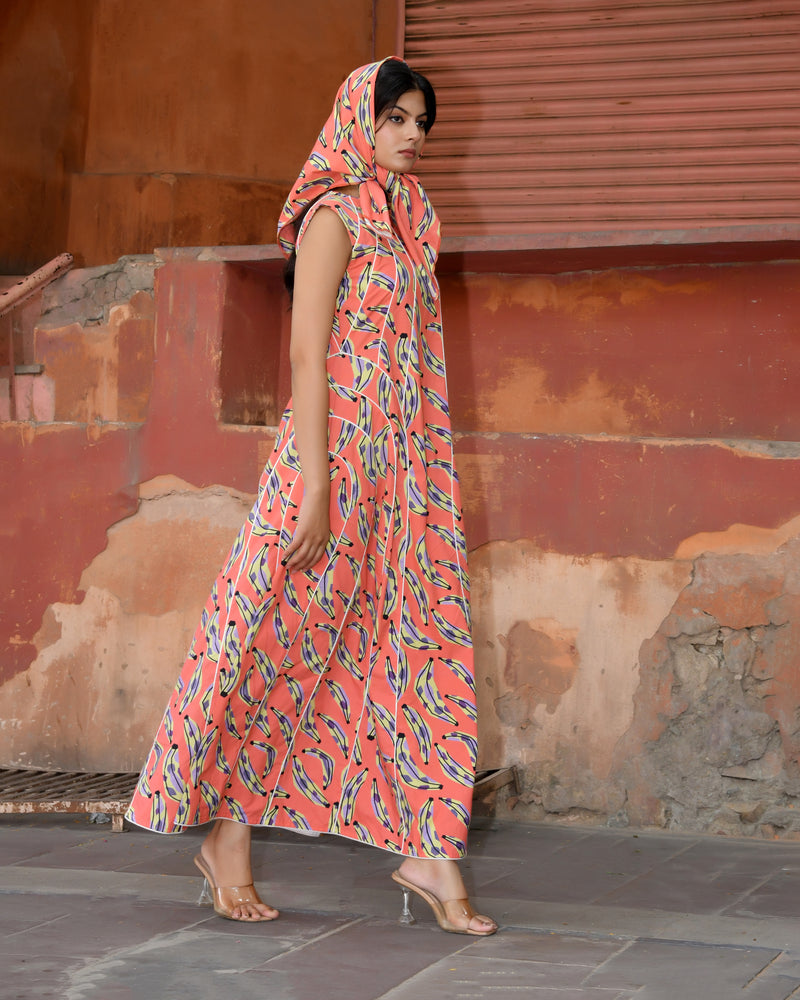 Women’s Printed Cotton Maxi Dress with Contrast Piping