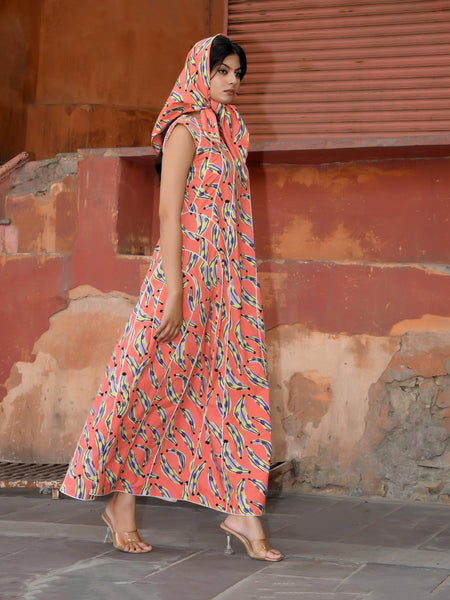 Women’s Printed Cotton Maxi Dress with Contrast Piping