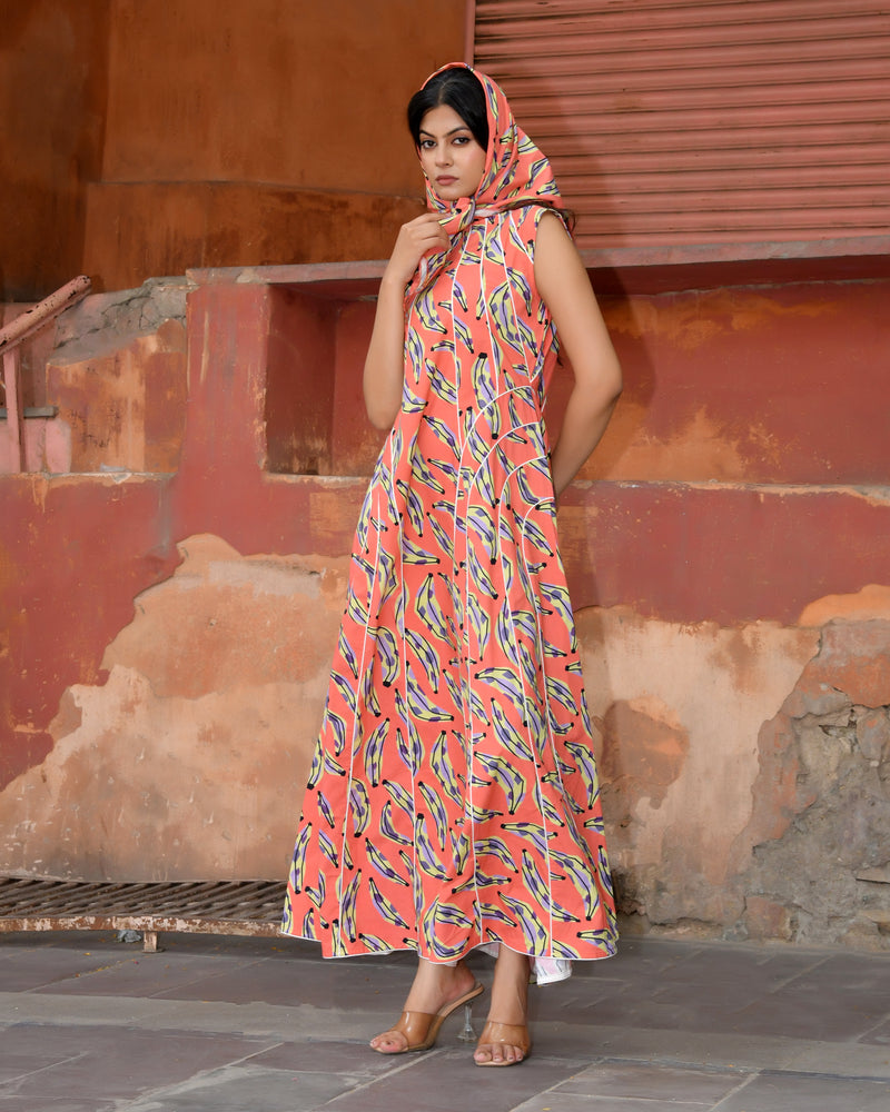 Women’s Printed Cotton Maxi Dress with Contrast Piping